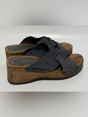 90s CANDIES Wooden Platform Sandals Steel Blue Leather Shoes Size 8.5